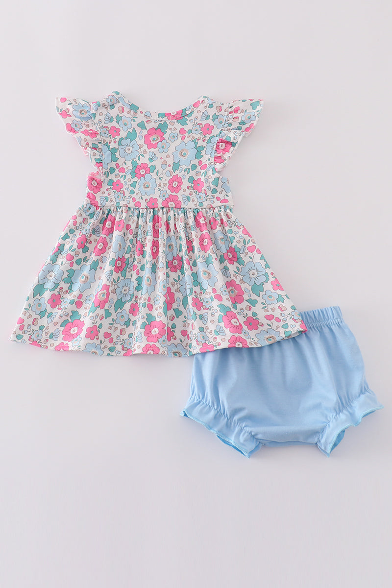 Pastel Floral Flutter Sleeve Baby Set – Dress + Blue Bloomers