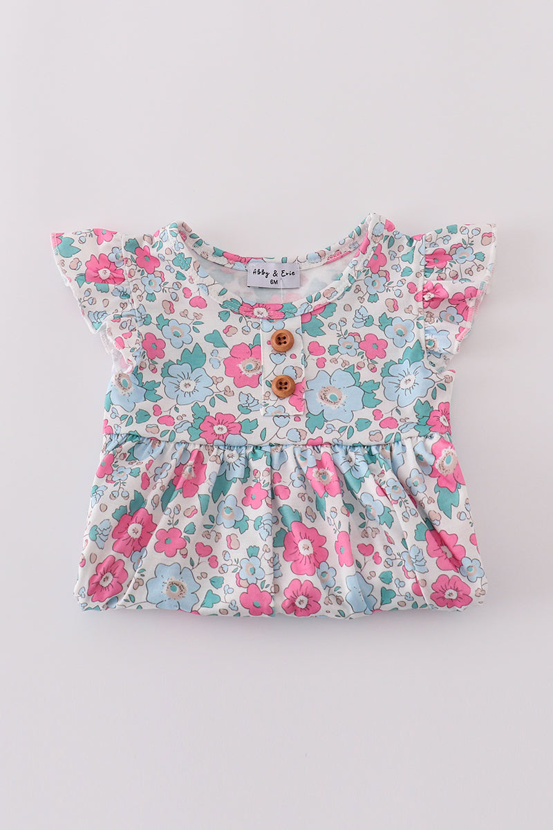 Pastel Floral Flutter Sleeve Baby Set – Dress + Blue Bloomers