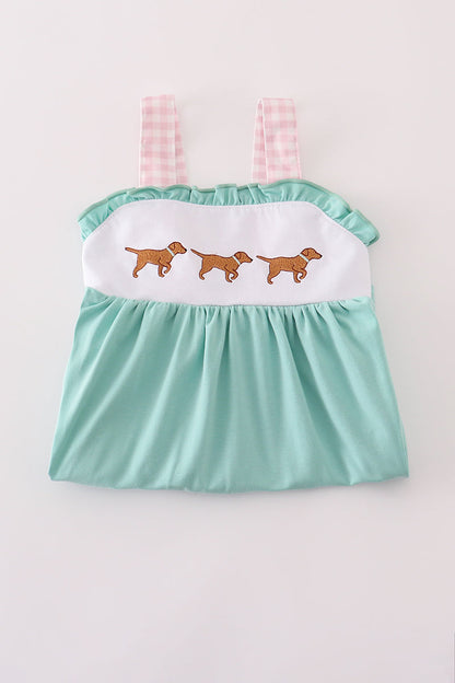 Aqua Puppy Dress with Gingham Straps – Embroidered Dog Detail
