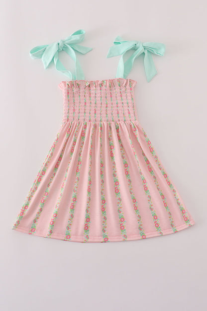 Girls’ Pink Floral Smocked Sundress with Aqua Bow Straps