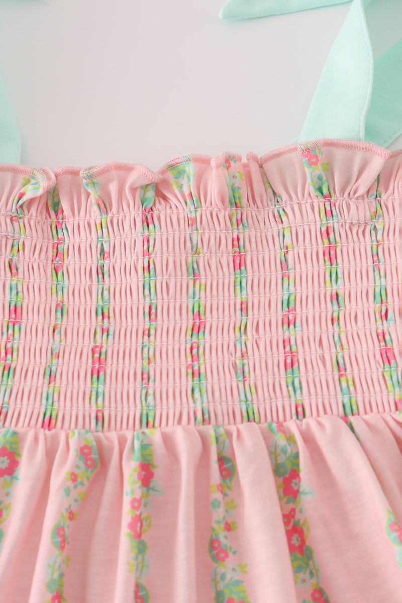 Girls’ Pink Floral Smocked Sundress with Aqua Bow Straps
