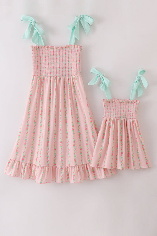 Girls’ Pink Floral Smocked Sundress with Aqua Bow Straps