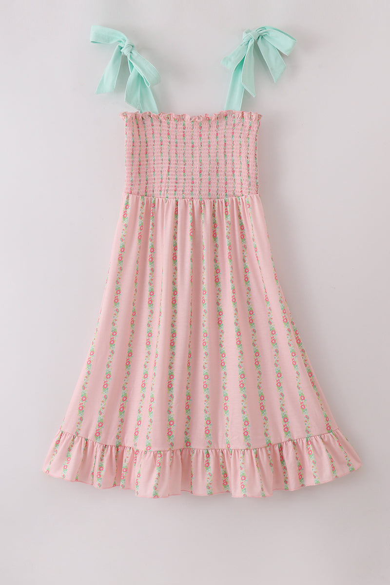 Girls’ Pink Floral Smocked Sundress with Aqua Bow Straps