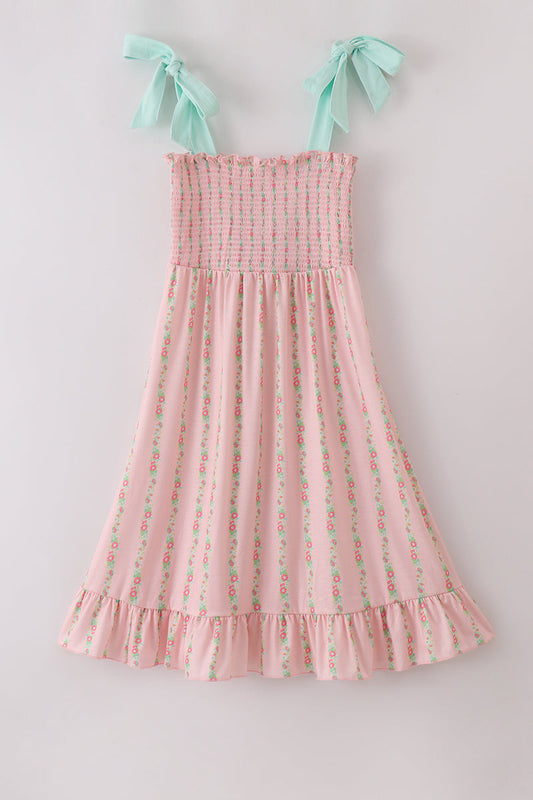 Girls’ Pink Floral Smocked Sundress with Aqua Bow Straps