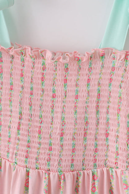 Girls’ Pink Floral Smocked Sundress with Aqua Bow Straps