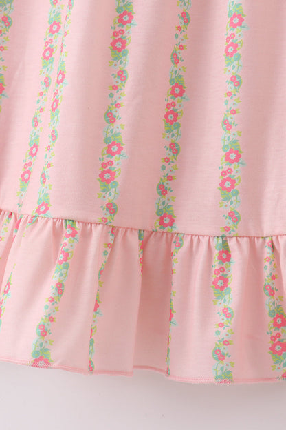 Girls’ Pink Floral Smocked Sundress with Aqua Bow Straps