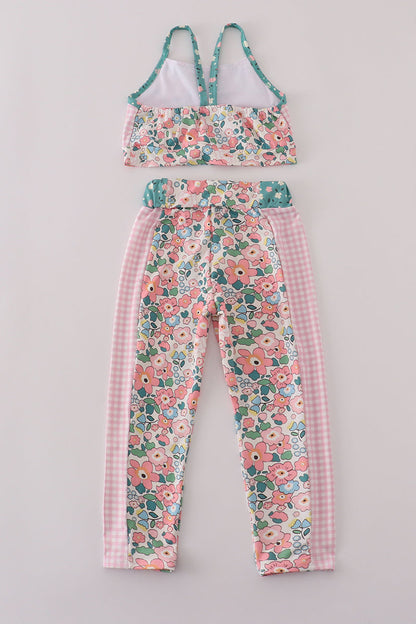 Girls Floral & Gingham Activewear Set – Sports Bra & Leggings