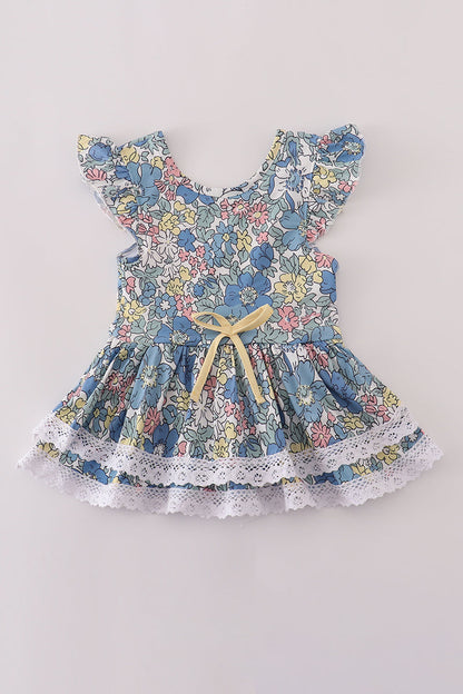 Flutter Sleeve Floral Dress with Lace Trim