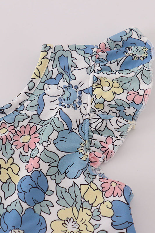 Flutter Sleeve Floral Dress with Lace Trim