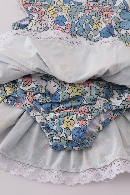 Flutter Sleeve Floral Dress with Lace Trim