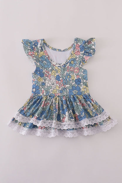 Flutter Sleeve Floral Dress with Lace Trim