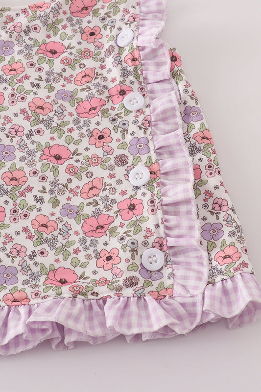 Girls Floral & Gingham Ruffle Bloomer Set – Pink and Lavender Summer Outfit