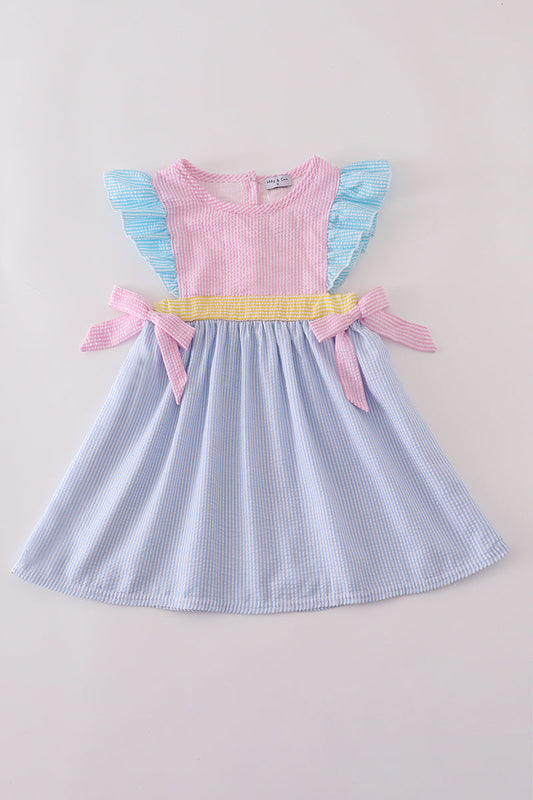 Girls Pastel Seersucker Flutter Dress with Bows – Lightweight Spring Outfit