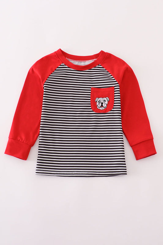 Children's long-sleeve shirt with red sleeves and black and white striped body on a light beige background