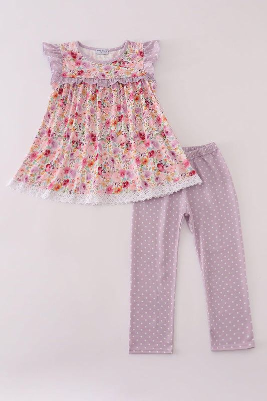 Purple Floral Ruffle Pants Set