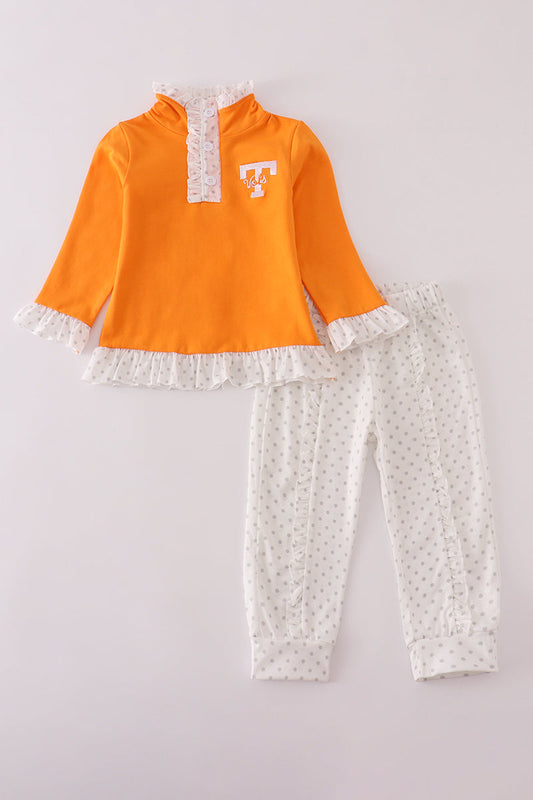 Orange Tennessee Embroidered Ruffle Pant Set