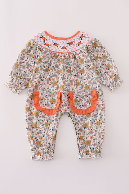Floral Smocked Baby Girl Romper with Ruffle Pockets – Long Sleeve Fall One-Piece