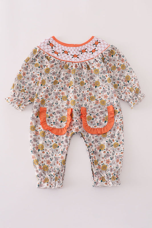 Floral Smocked Baby Girl Romper with Ruffle Pockets – Long Sleeve Fall One-Piece
