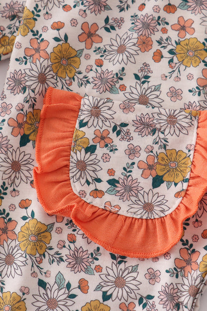 Floral Smocked Baby Girl Romper with Ruffle Pockets – Long Sleeve Fall One-Piece