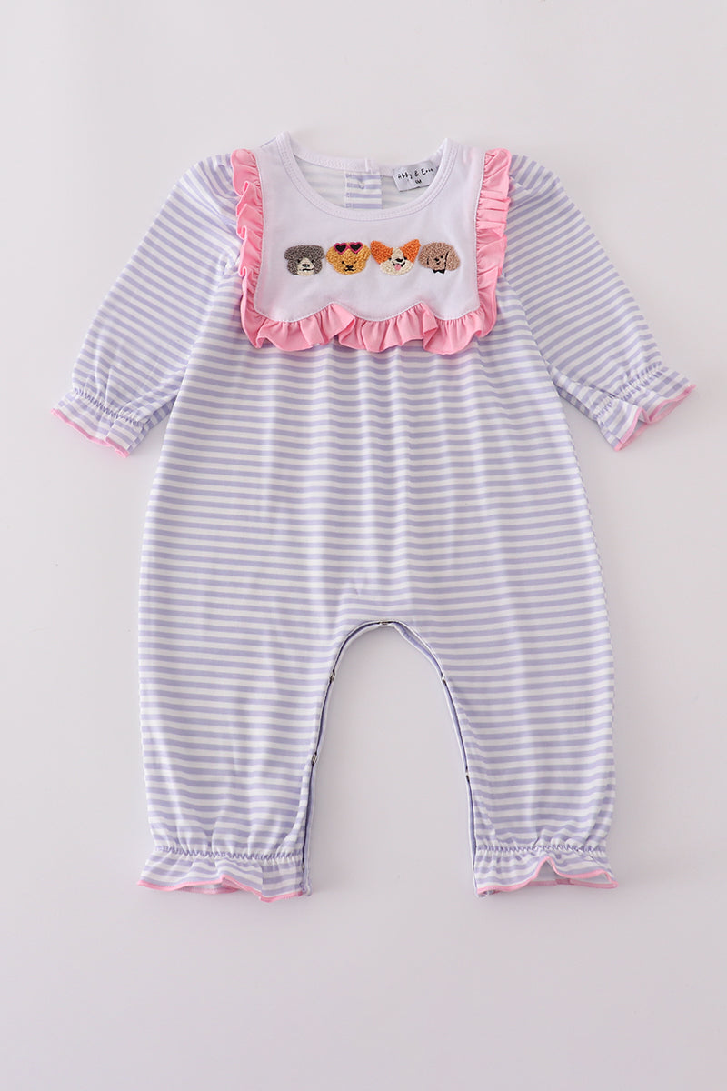Lavender Stripe Ruffle Baby Romper with Embroidered Animal Faces – Long Sleeve
