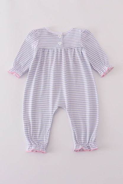 Lavender Stripe Ruffle Baby Romper with Embroidered Animal Faces – Long Sleeve