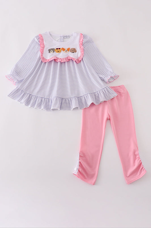 Purple Puppy French Knot Stripe Pants Set