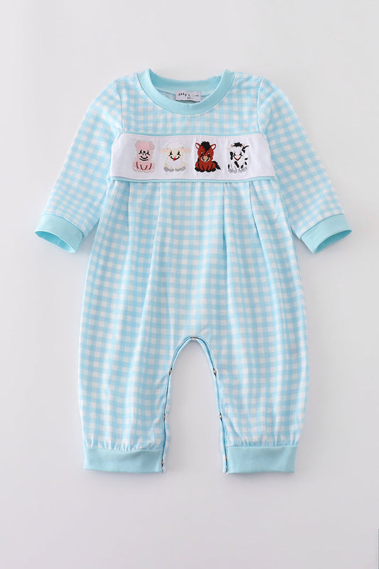 Baby Blue Gingham Farm Animal Smocked Romper – Long Sleeve