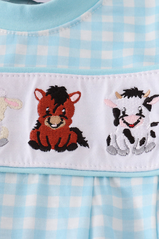 Baby Blue Gingham Farm Animal Smocked Romper – Long Sleeve