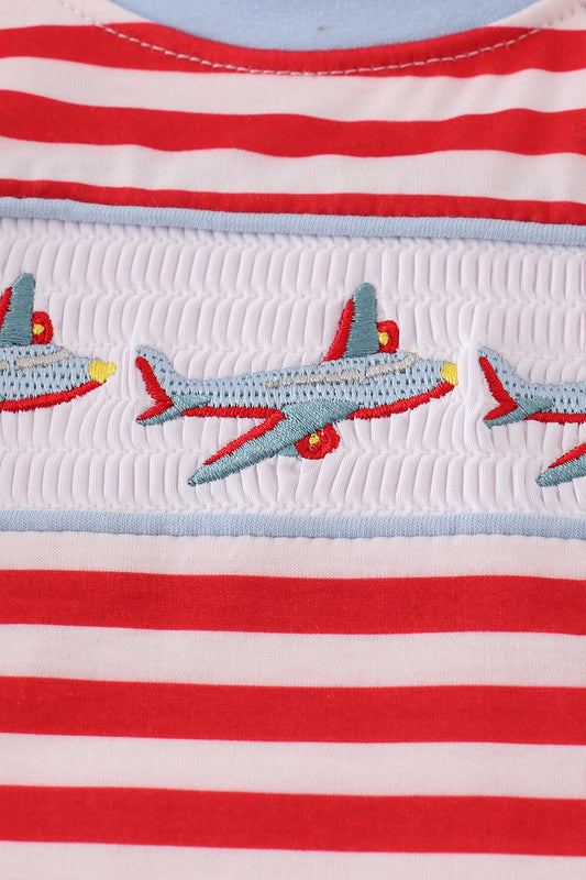 Airplane Embroidered Striped Romper