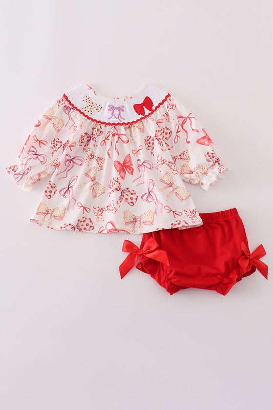 Baby Girl Red Bow Smocked Top & Bloomer Set – Long Sleeve