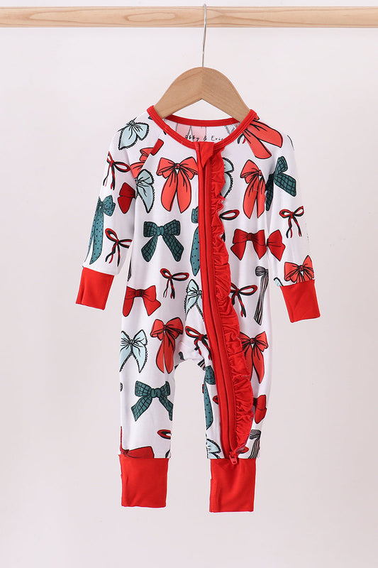 Baby Holiday Romper – Red & Green Bow Print with Ruffle Zipper