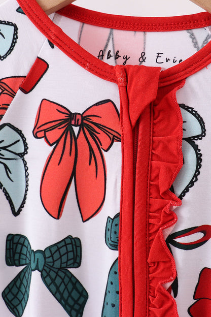 Baby Holiday Romper – Red & Green Bow Print with Ruffle Zipper