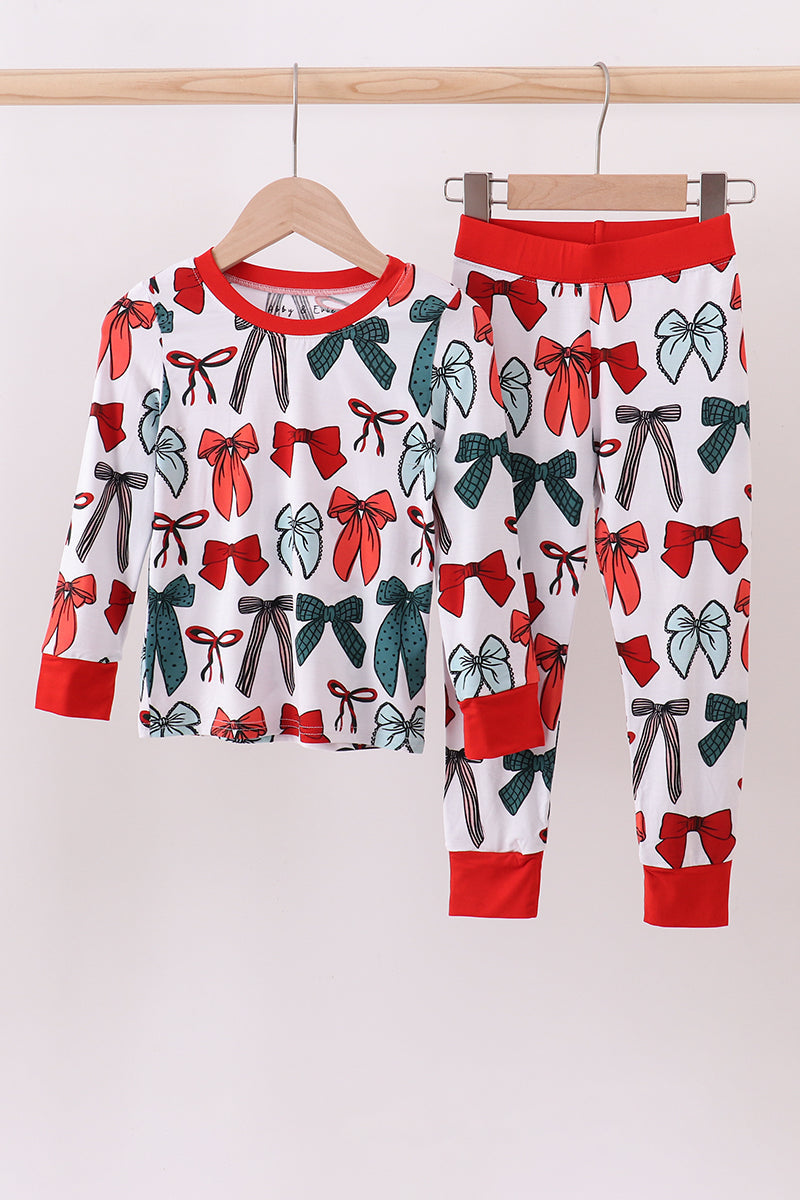 Kids Holiday Pajama Set – Red & Green Bow Print Long Sleeve Top and Pants