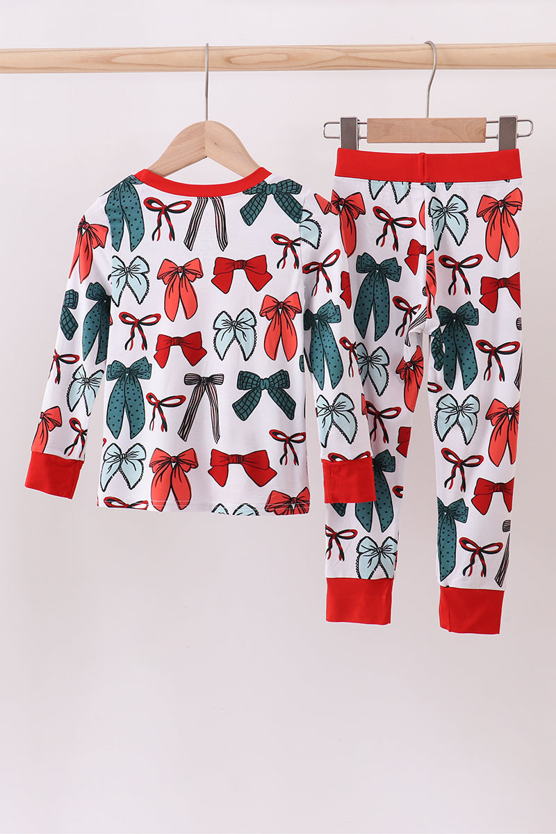 Kids Holiday Pajama Set – Red & Green Bow Print Long Sleeve Top and Pants