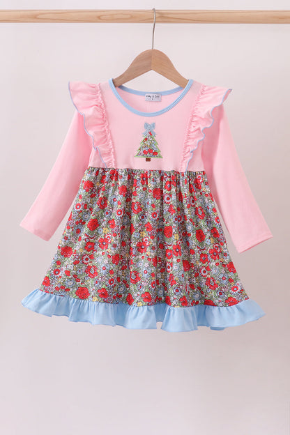 Toddler & Girls Holiday Outfit – Pink Long Sleeve Dress with Christmas Tree