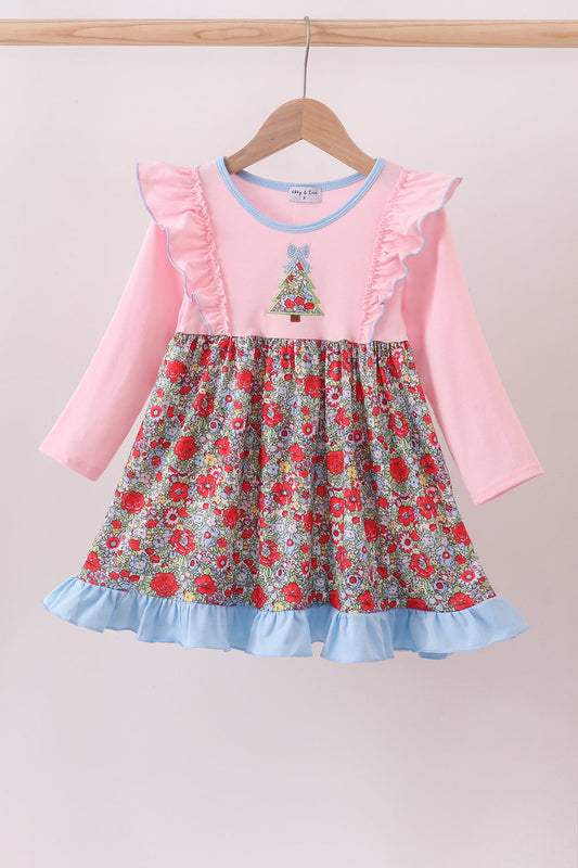 Toddler & Girls Holiday Outfit – Pink Long Sleeve Dress with Christmas Tree