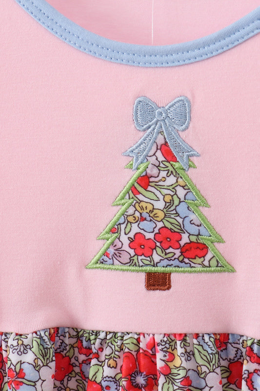 Toddler & Girls Holiday Outfit – Pink Long Sleeve Dress with Christmas Tree