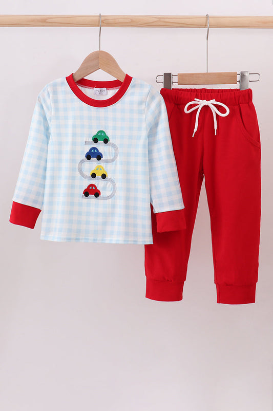 Boys Two-Piece Car Appliqué Lounge Set – Blue Gingham & Red Joggers