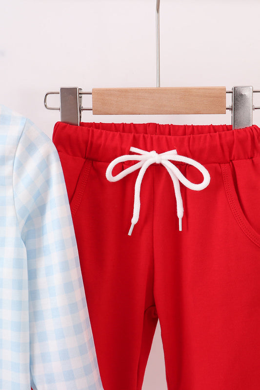 Boys Two-Piece Car Appliqué Lounge Set – Blue Gingham & Red Joggers