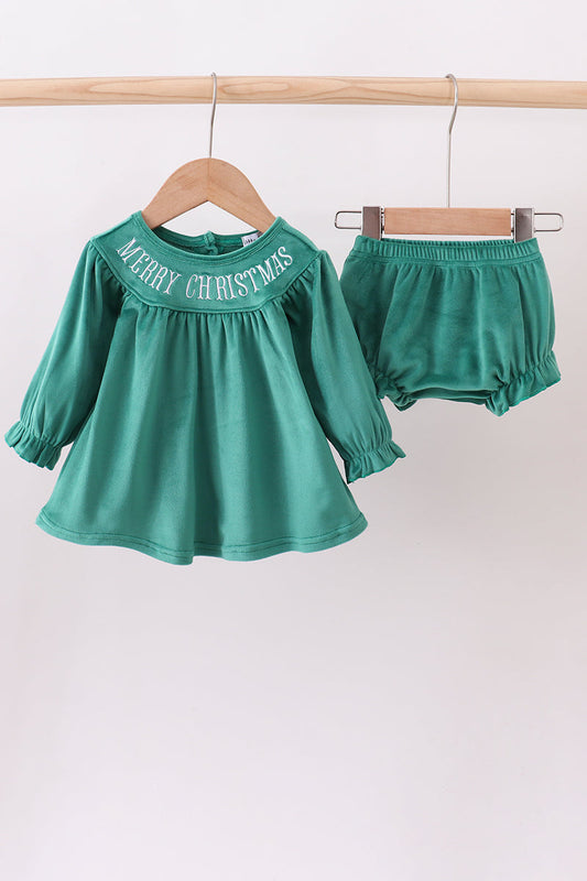Baby Girls Green “Merry Christmas” Dress Set – Holiday Tunic & Bloomers