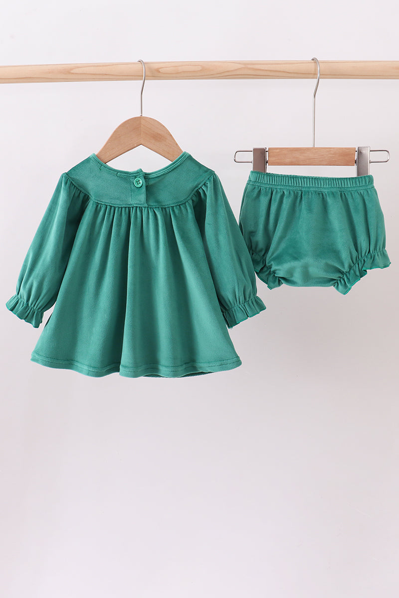 Baby Girls Green “Merry Christmas” Dress Set – Holiday Tunic & Bloomers