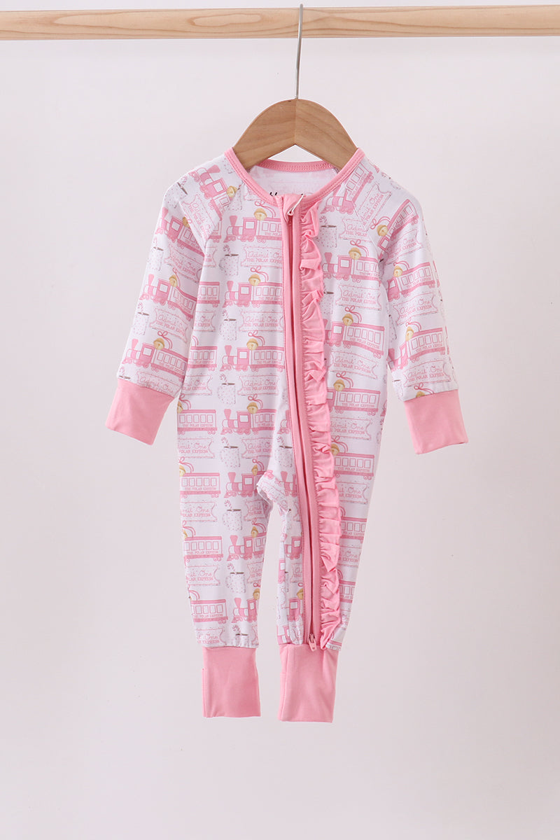 Pink Christmas Train Ruffle Baby Romper – Holiday One-Piece