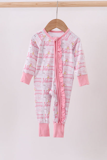 Pink Christmas Train Ruffle Baby Romper – Holiday One-Piece