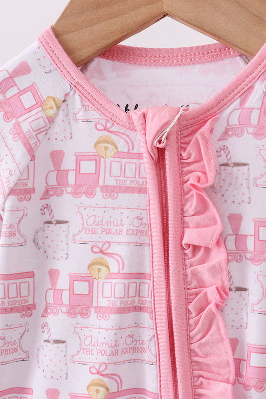 Pink Christmas Train Ruffle Baby Romper – Holiday One-Piece