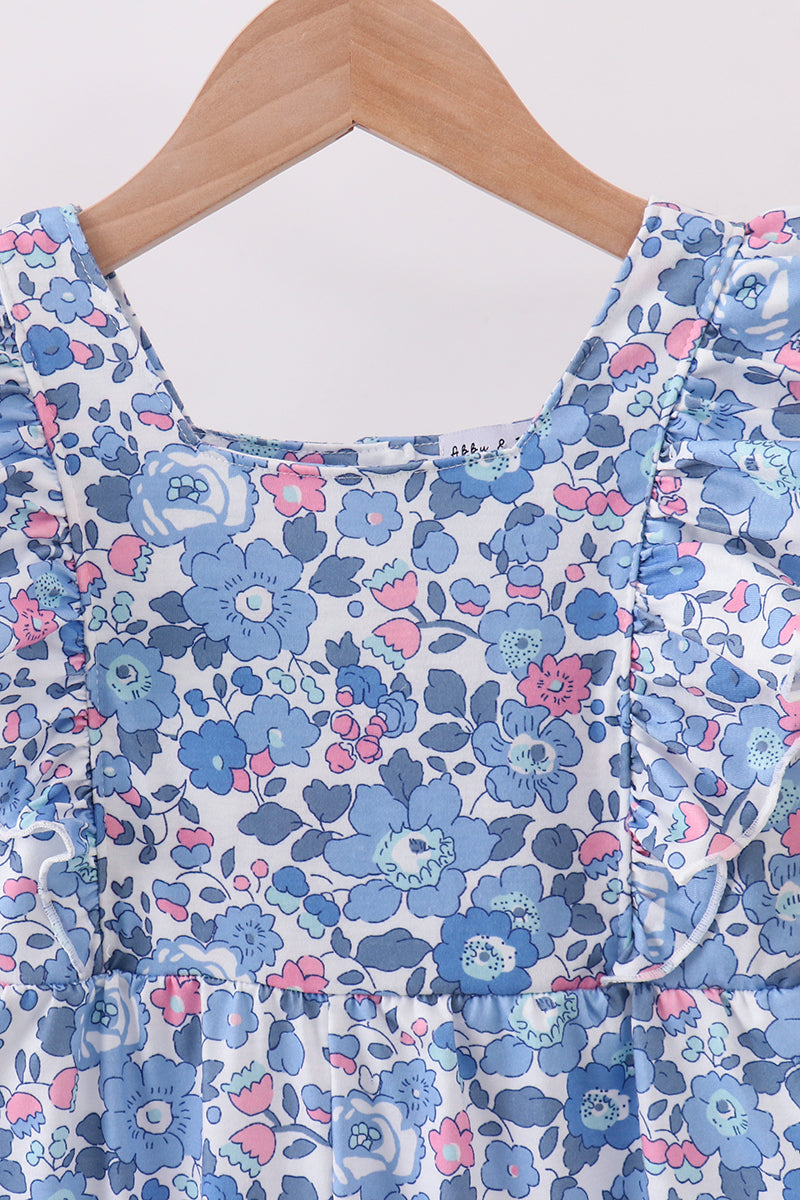 Blue Blossom Ruffle Jumpsuit – Girls’ Floral Wide-Leg One-Piece