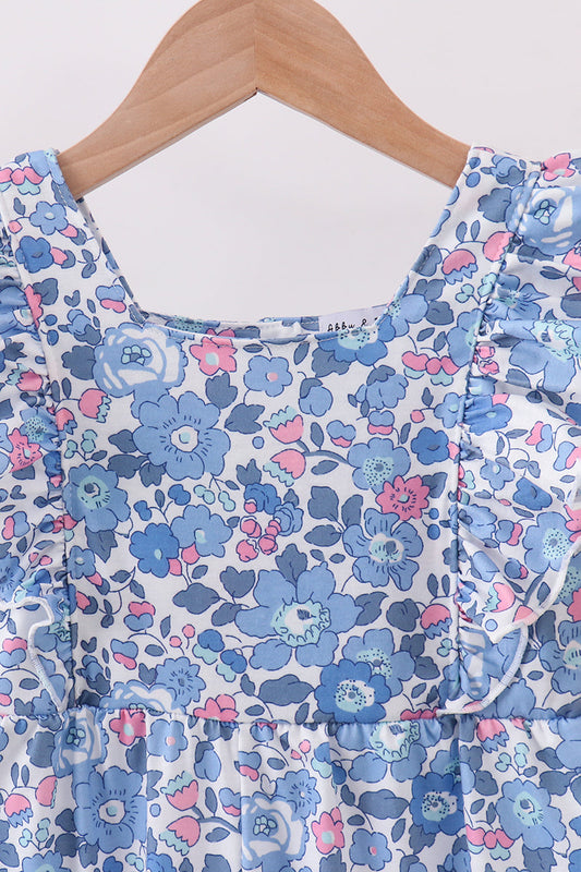 Blue Blossom Ruffle Jumpsuit – Girls’ Floral Wide-Leg One-Piece