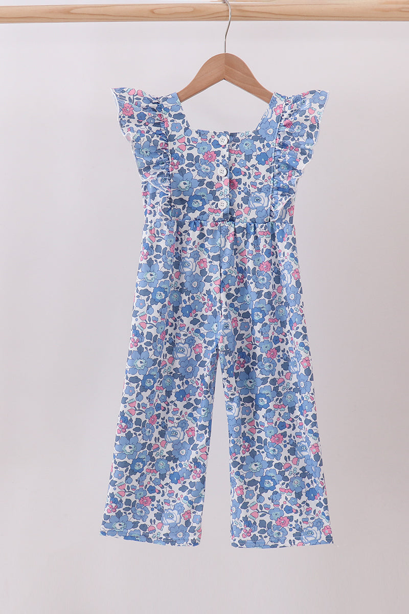 Blue Blossom Ruffle Jumpsuit – Girls’ Floral Wide-Leg One-Piece