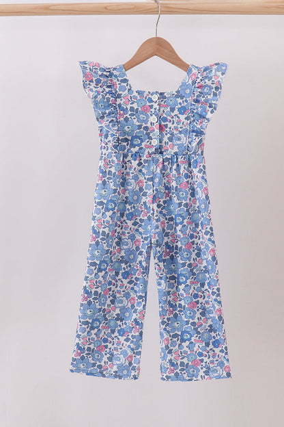 Blue Blossom Ruffle Jumpsuit – Girls’ Floral Wide-Leg One-Piece
