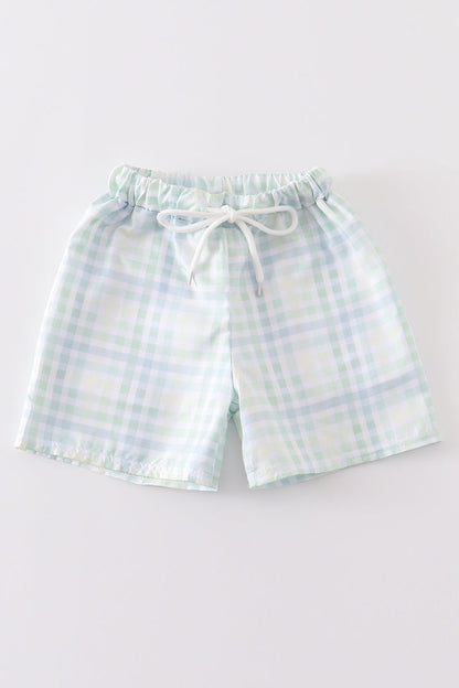 Pastel Plaid Boys’ Shorts – Blue, Green & White