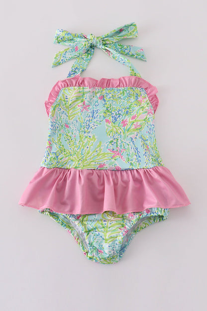 Pink Ruffle Baby Swimsuit – Tropical Halter One-Piece